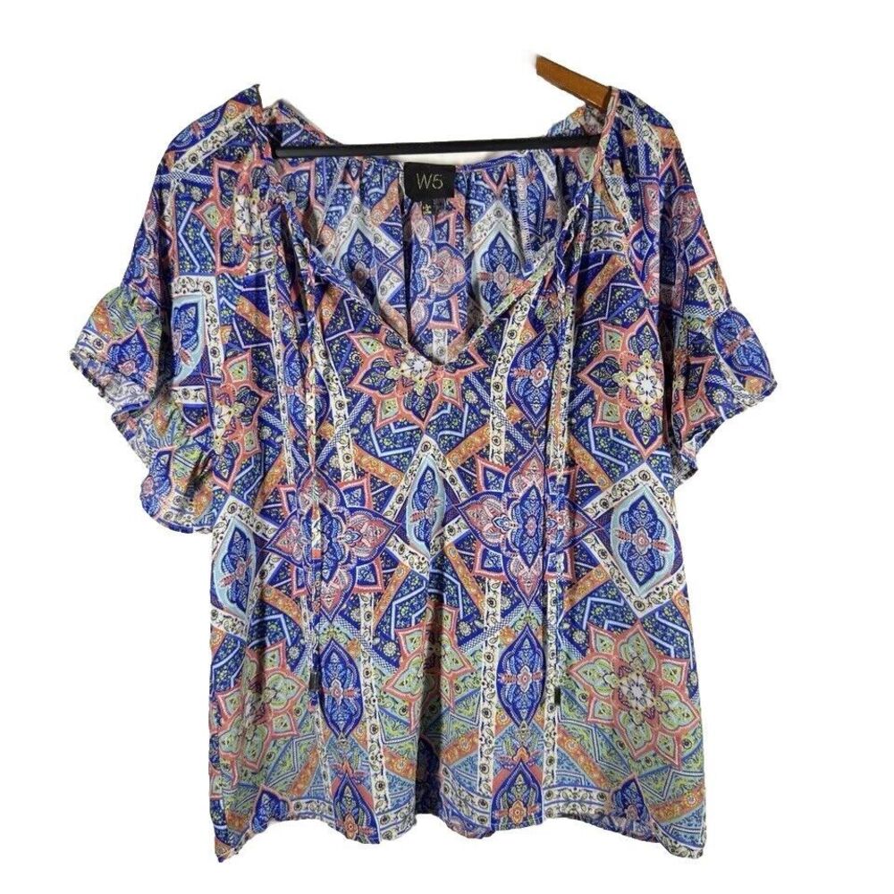 Anthropologie W5 Blouse Womens sz Large  Botanical patchwork Flutter Sleeve‎ Top